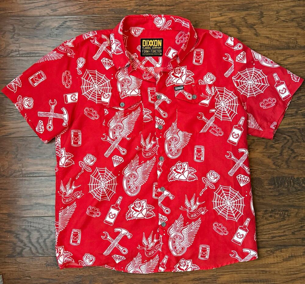 Dixxon Party Boy 10 YR Short Sleeve Party Shirt Red Tattoo Print XL